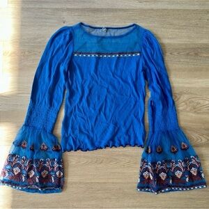 Free People Blue Flared Sleeve Mesh Embroidered Ribbed Longsleeve Top